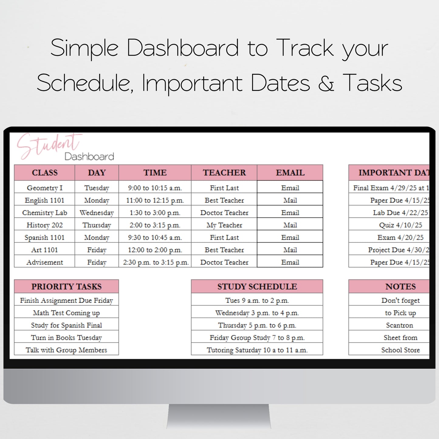 Student Planner Template Google Sheets and Excel Spreadsheet