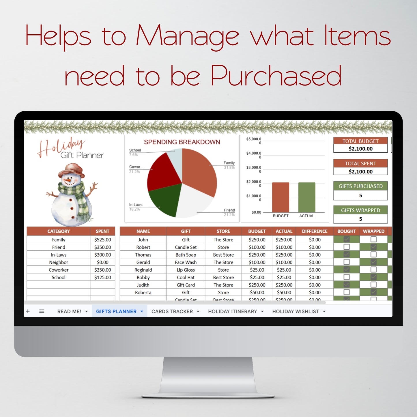 Holiday Gift Tracker Google Sheet, Christmas Planner Excel Spreadsheet