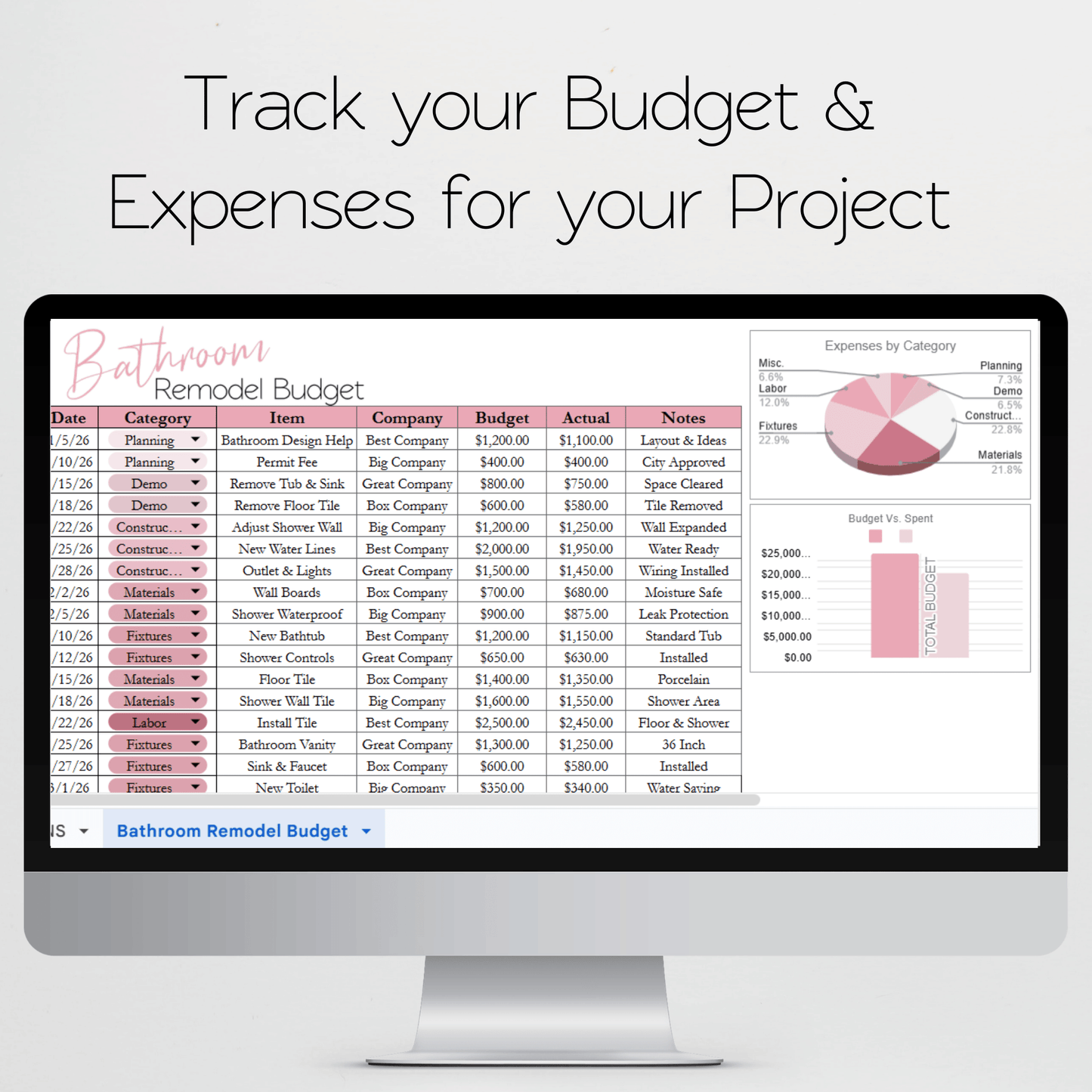 Bathroom Remodel Budget Spreadsheet Template Google Sheets and Excel Spreadsheet