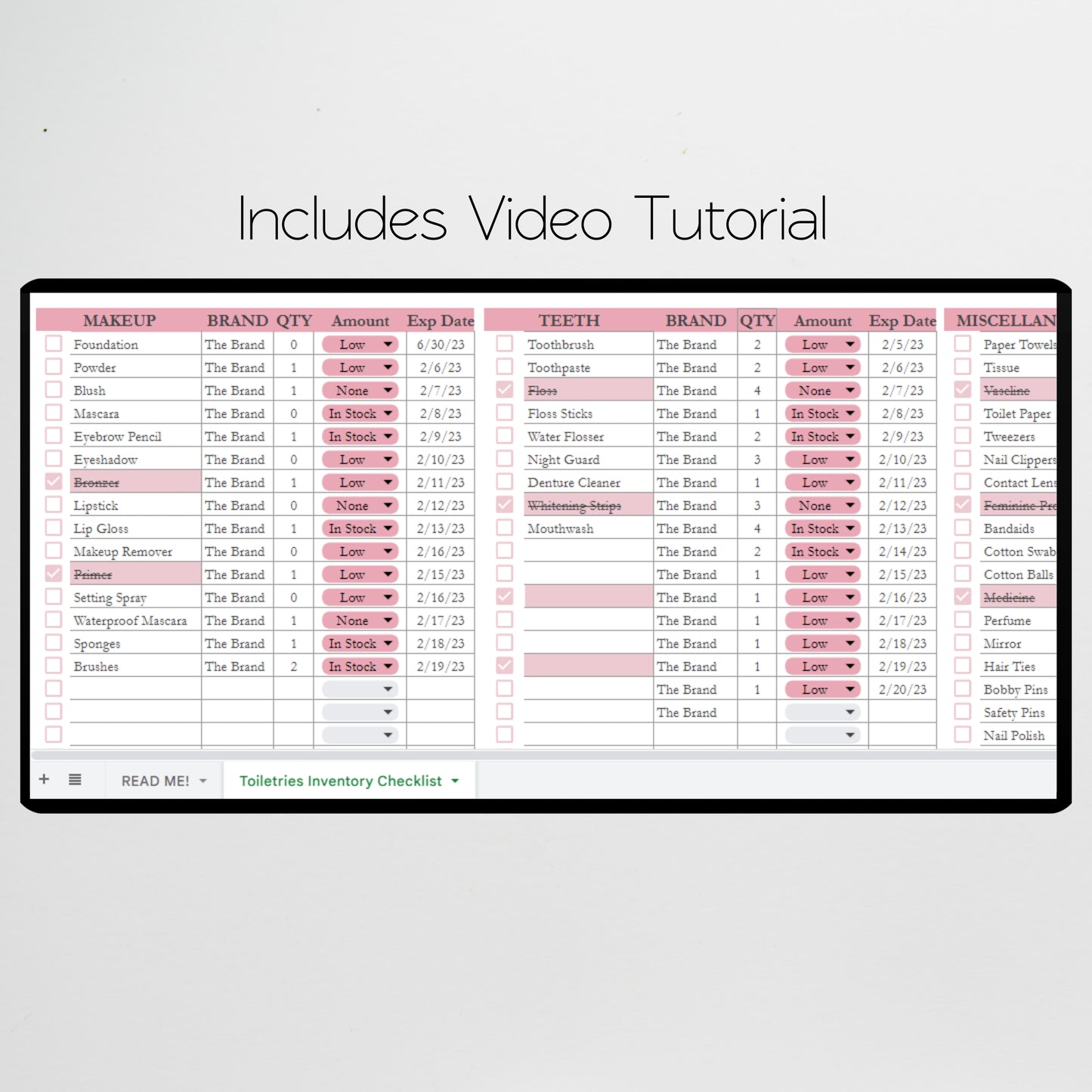 Toiletries Inventory Tracker Template Google Sheets and Excel Spreadsheet