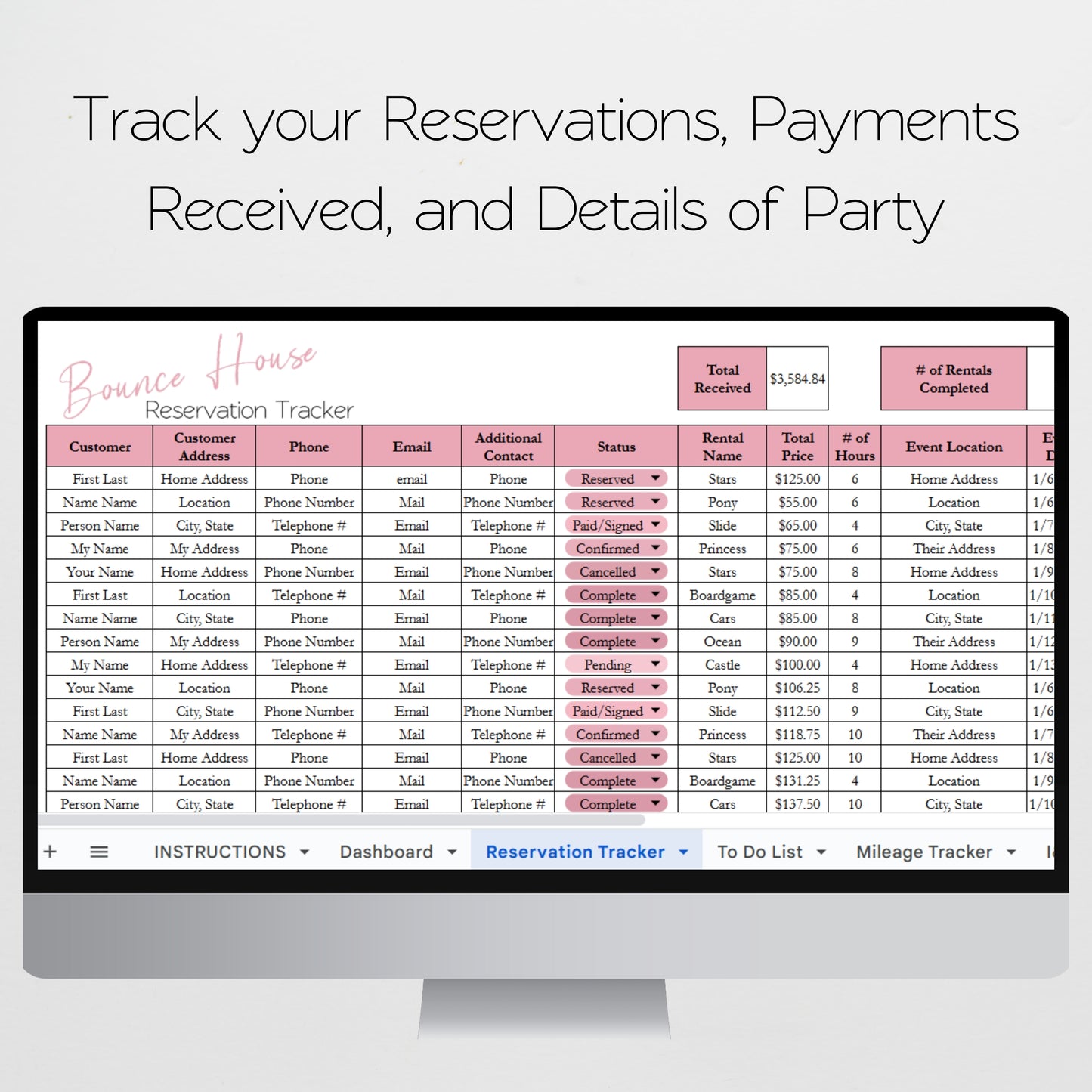 Bounce House Business Planner Template Google Sheet and Excel Spreadsheet