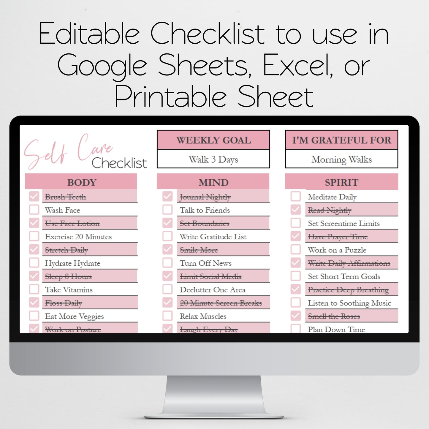 Self Care Checklist Template for Google Sheets and Excel Spreadsheet