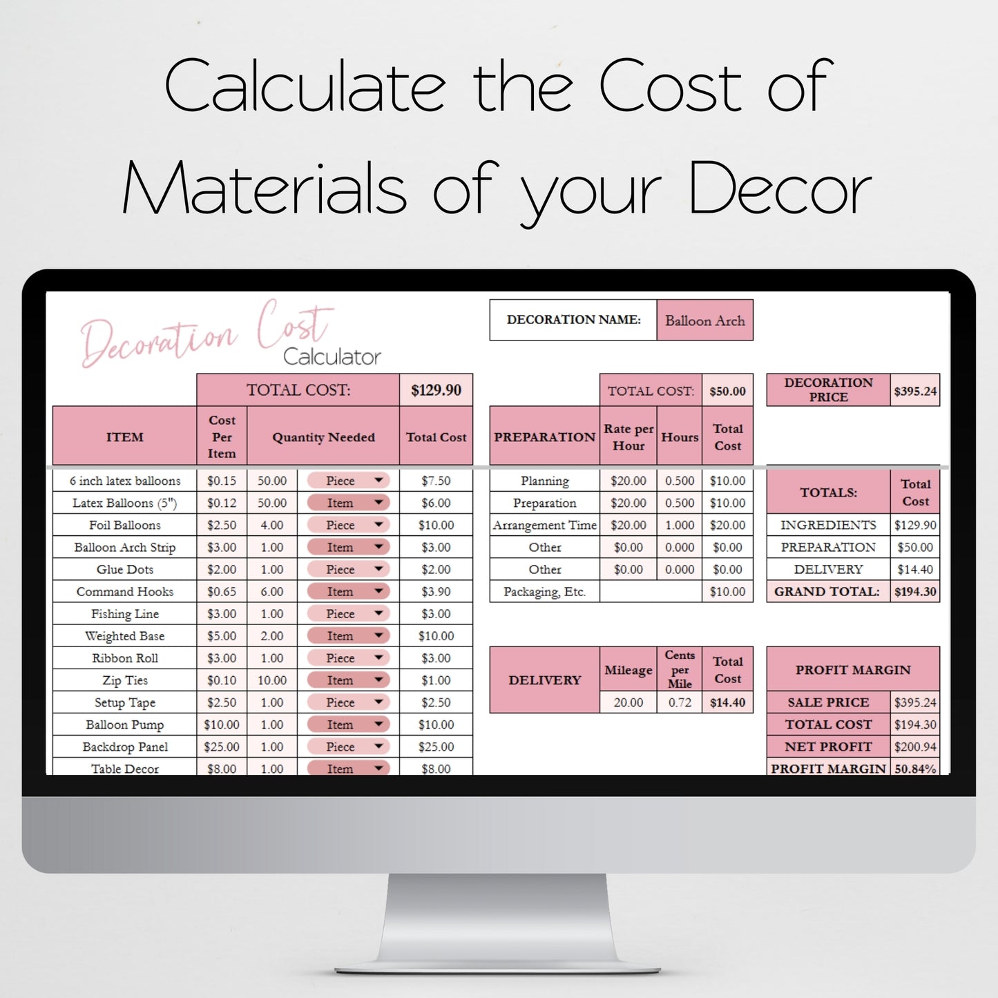Decorating Cost Calculator Template Google Sheets and Excel Spreadsheet