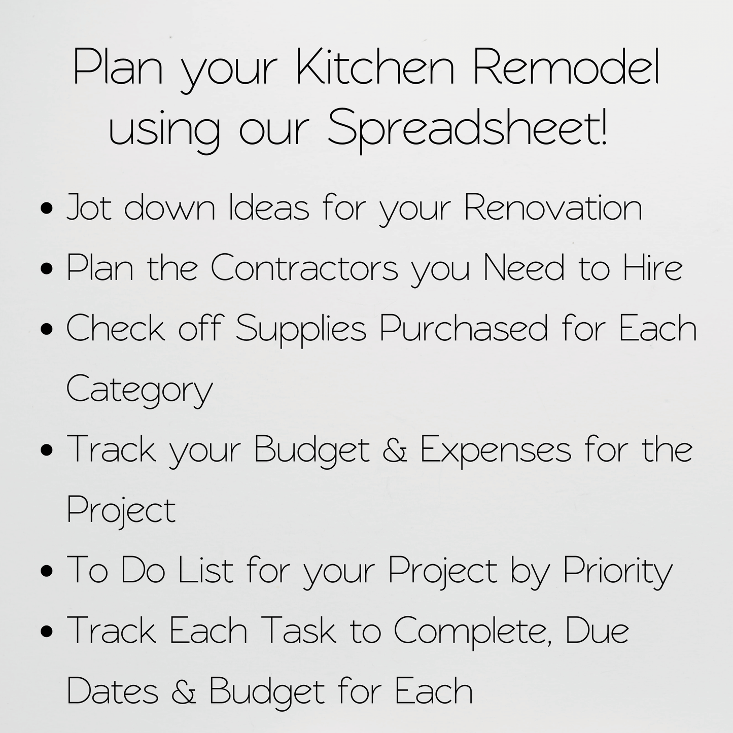 Kitchen Renovation Planner Google Sheets and Excel Spreadsheet