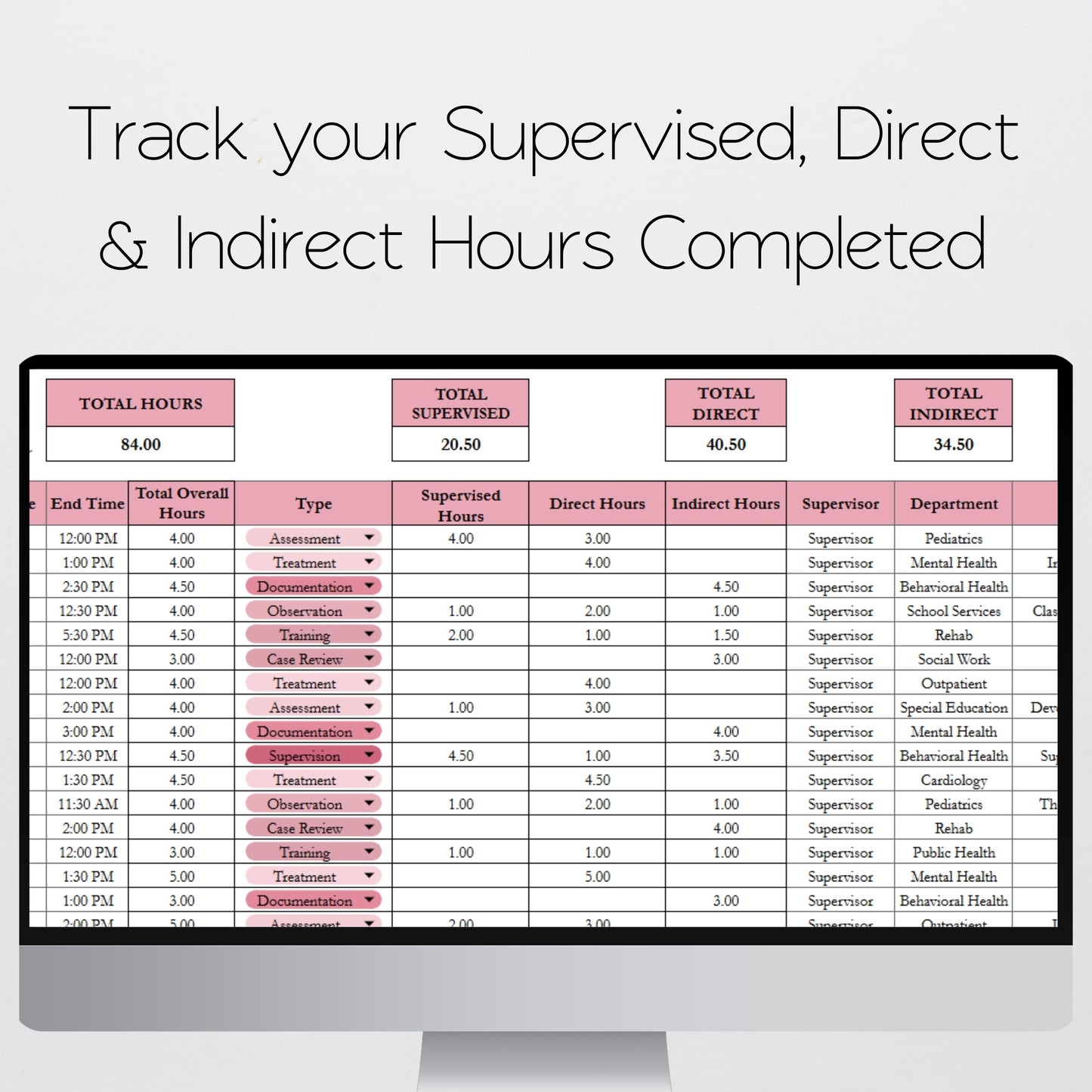 Fieldwork Hours Tracker | Clinical Internship Practicum Externship Log Spreadsheet for SLP, OT, PT, MFT, LPC | Excel & Google Sheets Template