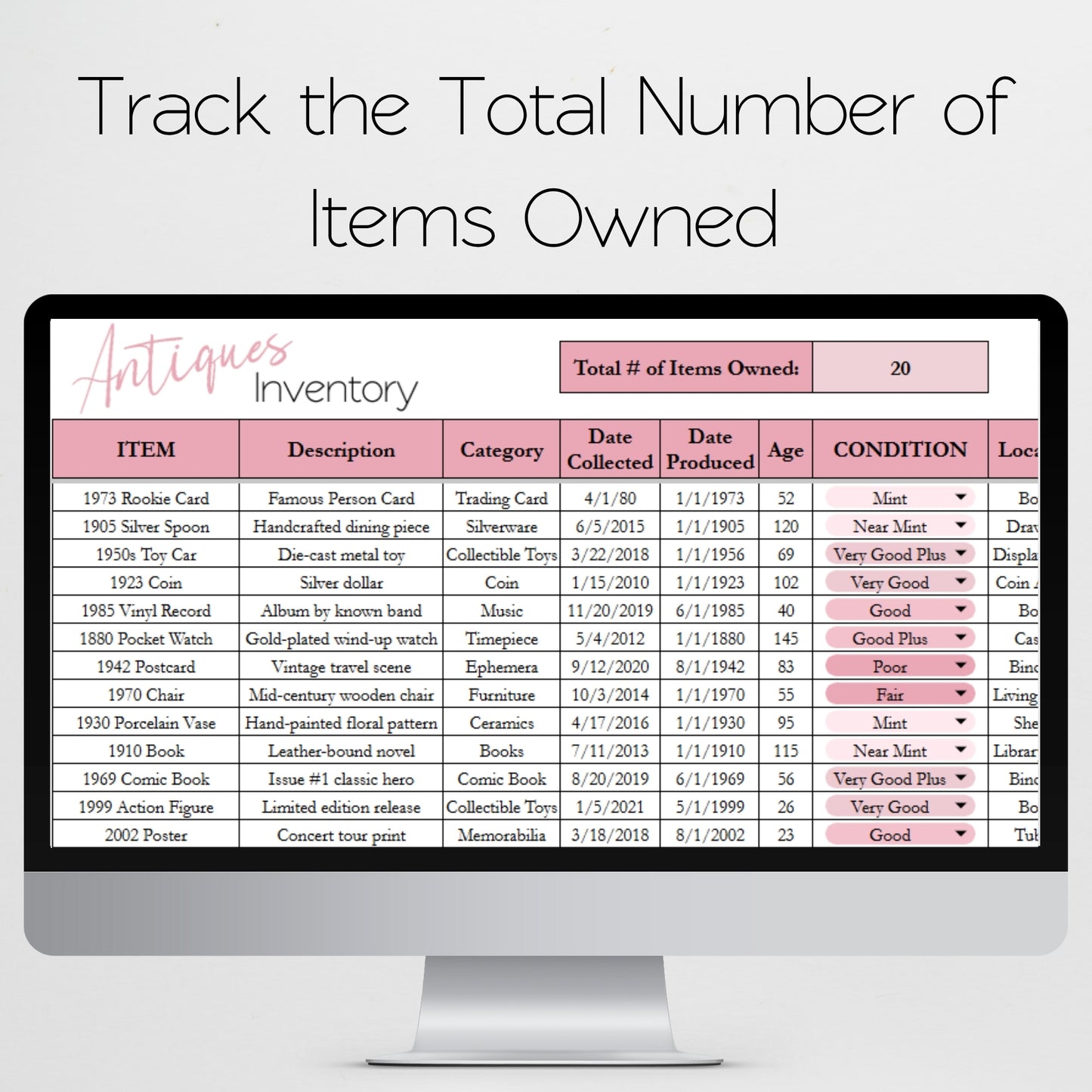 Antiques Inventory Tracker Template Google Sheets and Excel Spreadsheet