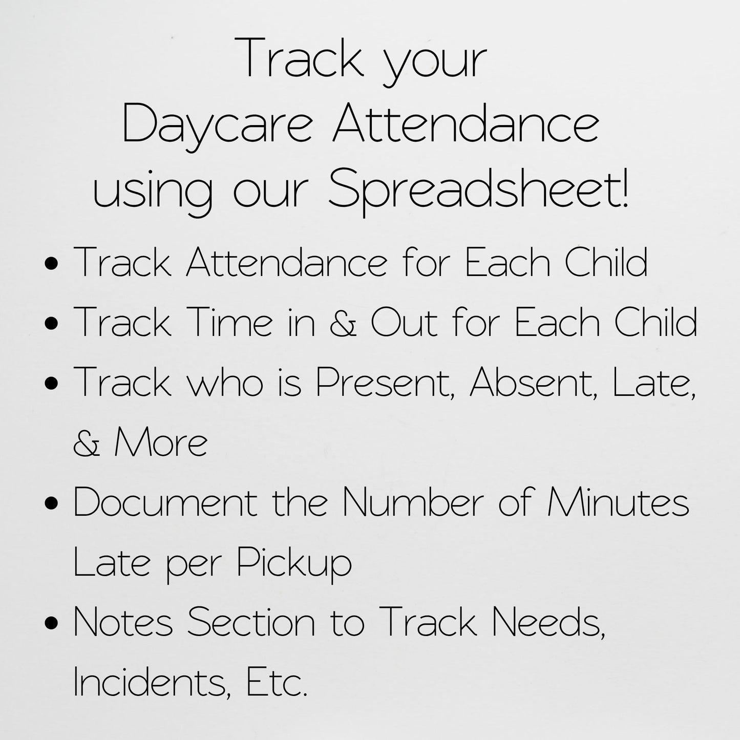 Daycare Attendance Tracker Template – Preschool & Home Childcare Log - Google Sheets and Excel Spreadsheet