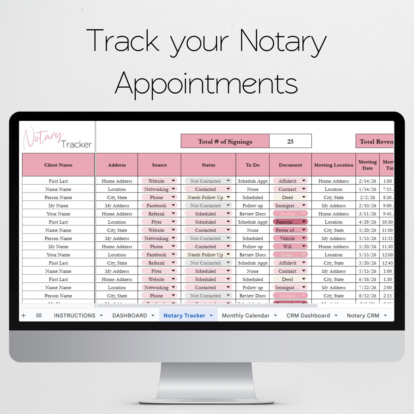 Notary Appointment Tracker Template for Google Sheets and Excel Spreadsheet