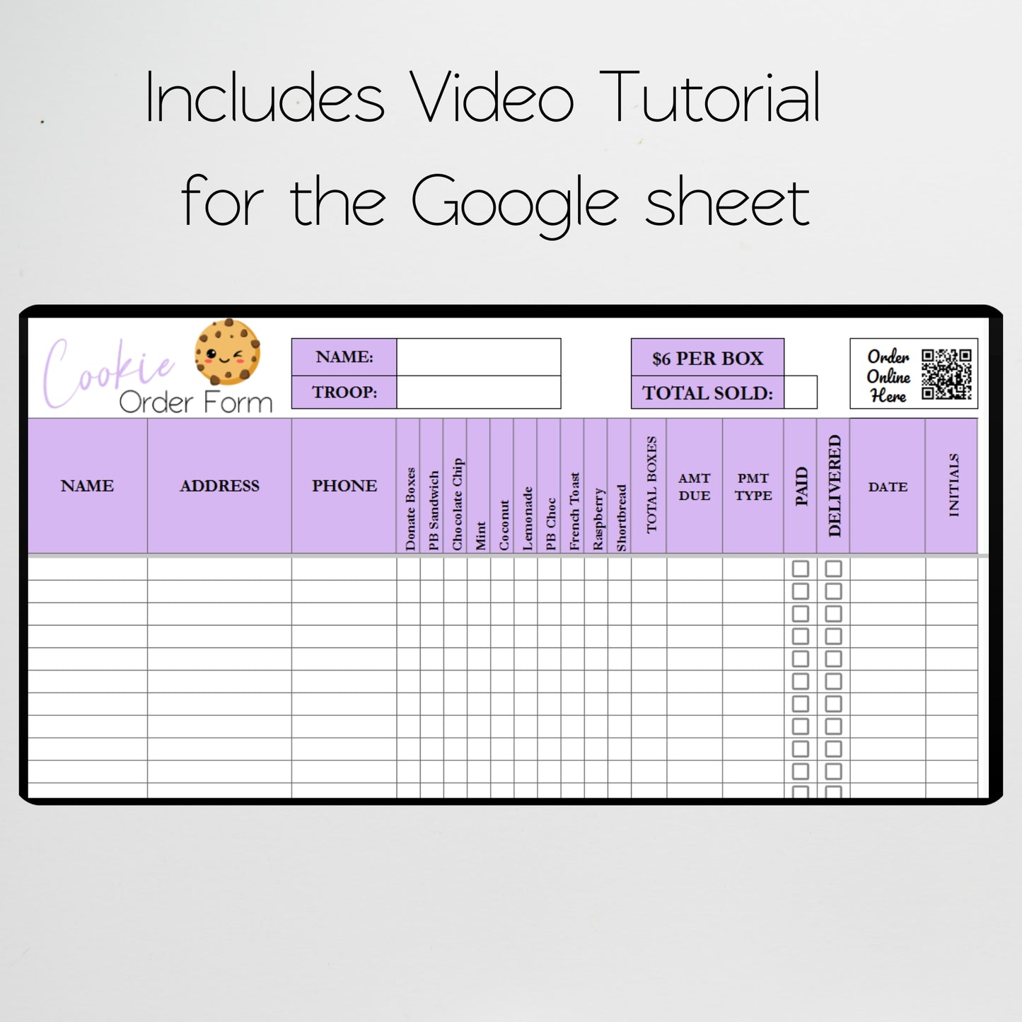 Cookie Order Form Template with QR Code Google Sheets and Excel, Printable Templates