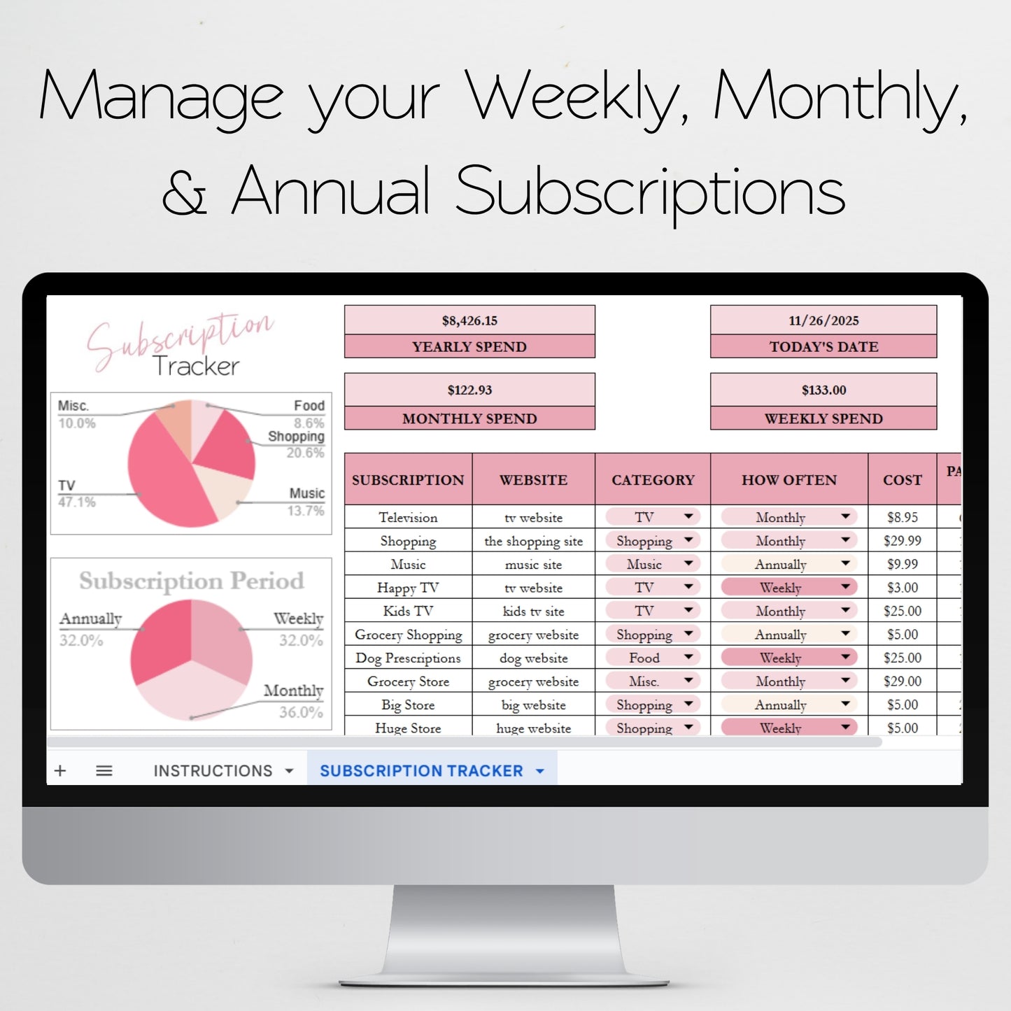 Airbnb Subscription Tracker Template Google Sheets and Excel Spreadsheet