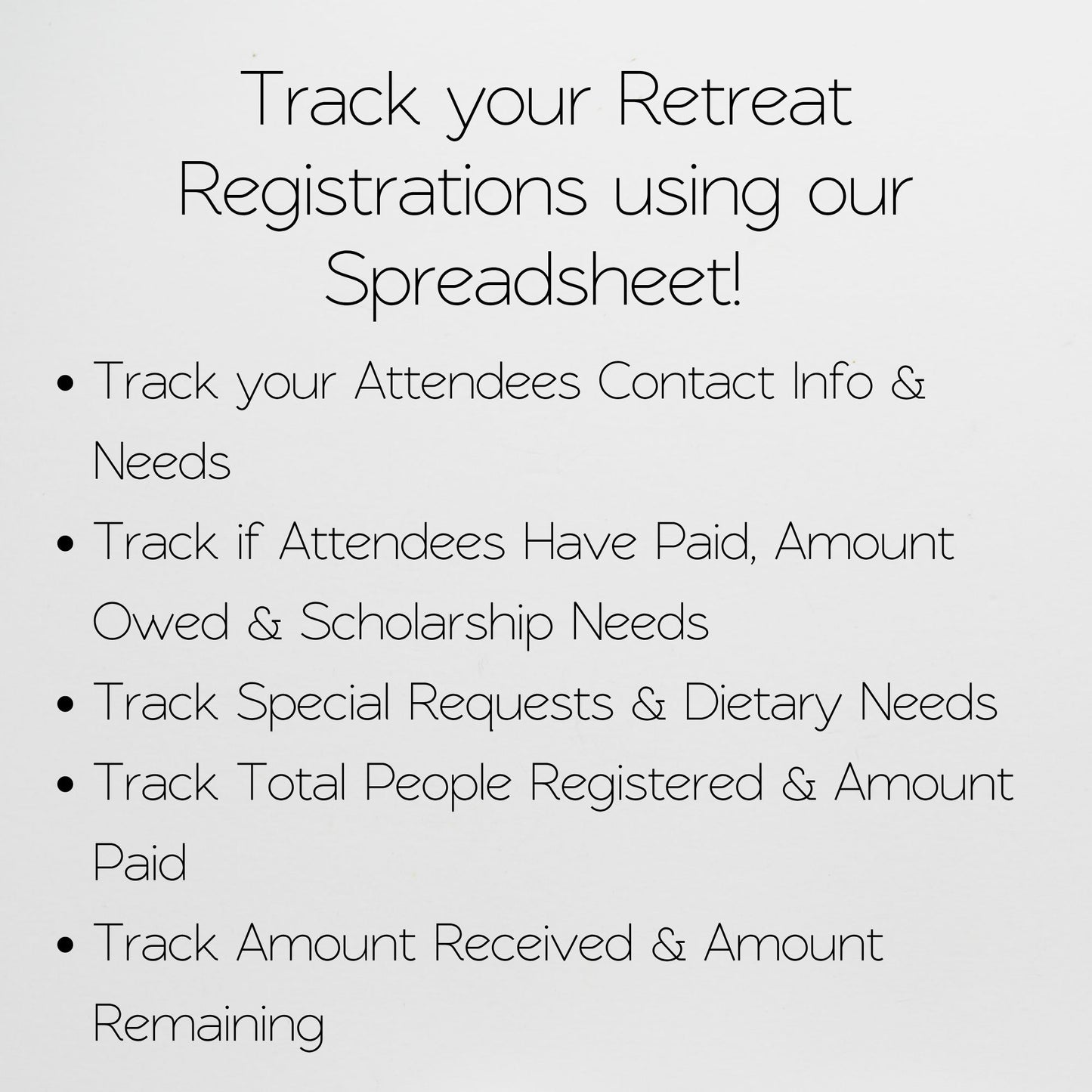 Retreat Registration Tracker | Attendee List, Payment Tracker, Scholarships, Dietary Needs | Event Planner & Organizer Google Sheets Excel Template