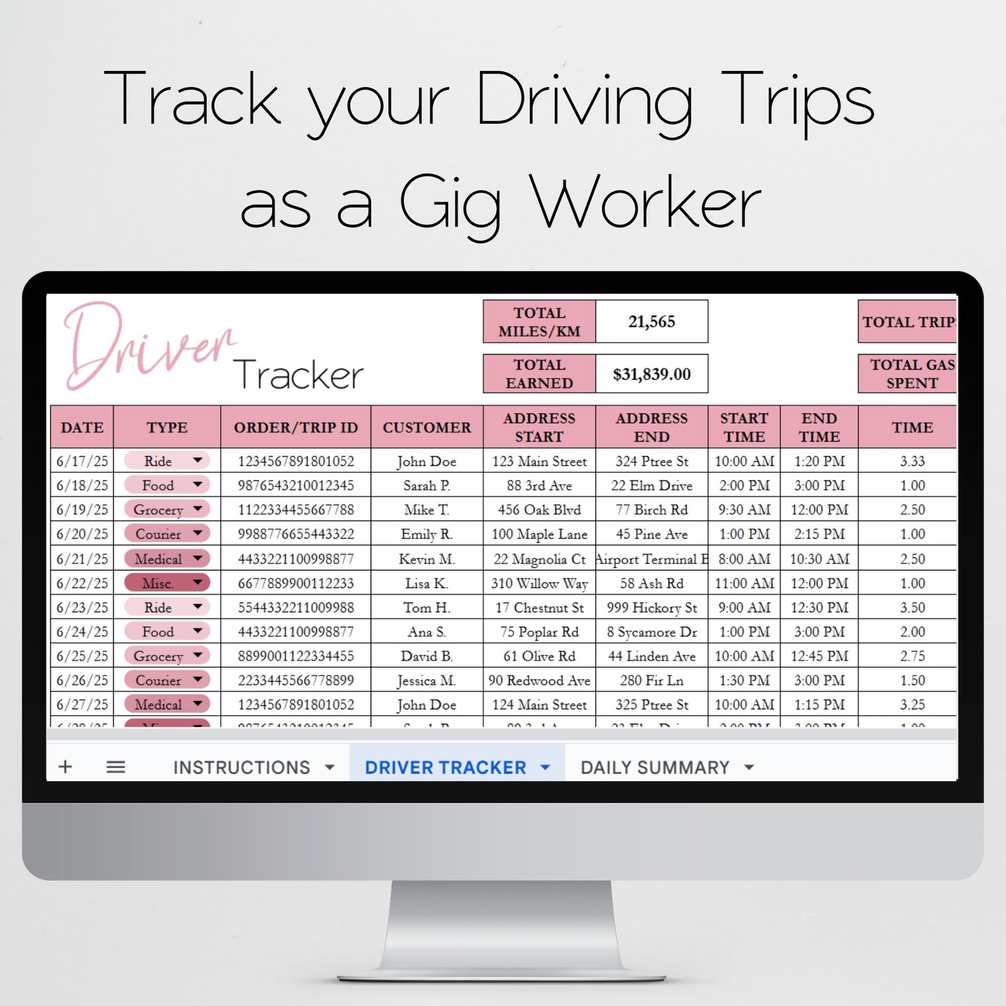 Gig Driver Log Template for Google Sheets and Excel Spreadsheet - Side Hustle Mileage Tracker, Income and Expense Tracker