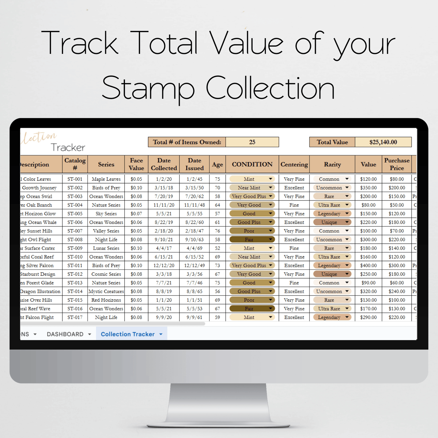 Stamp Collection Tracker Excel Spreadsheet and Google Sheets Template