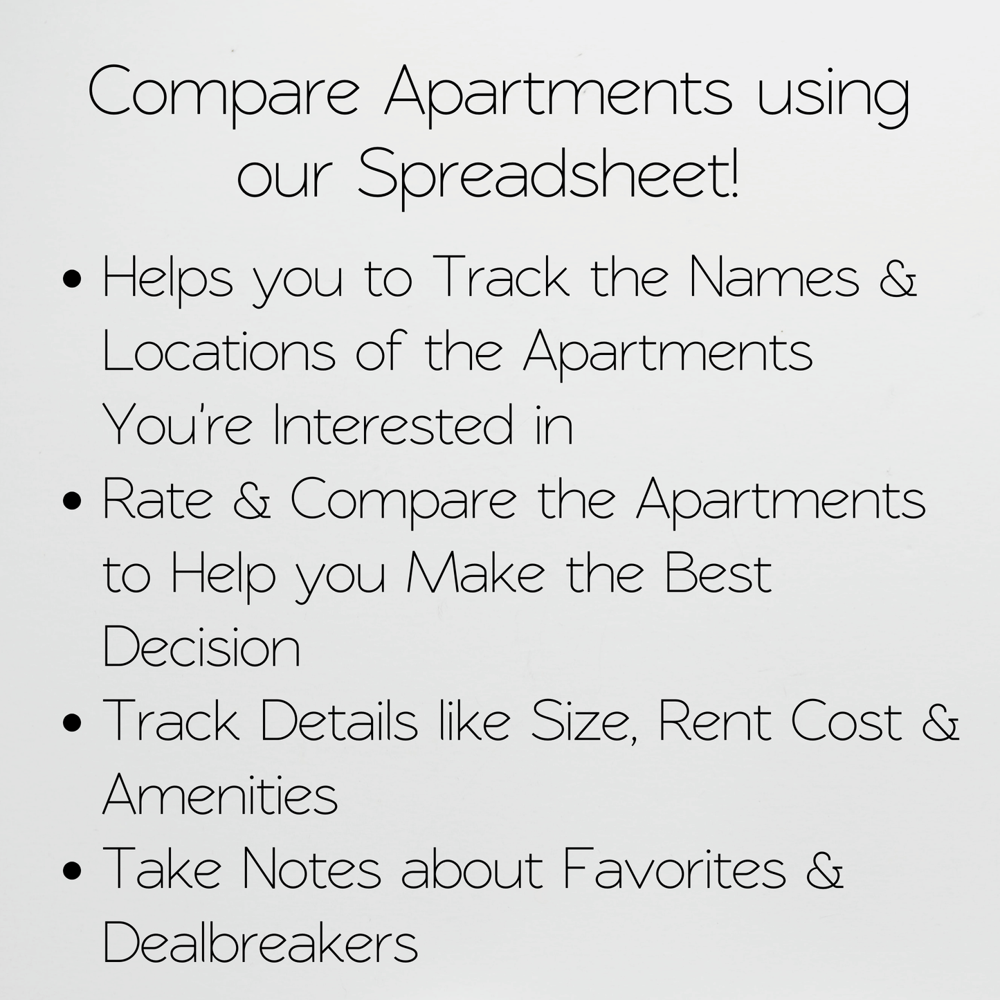 Apartment Hunting Spreadsheet Template Google Sheets and Excel Spreadsheet - Price Comparison and Amenities Tracker