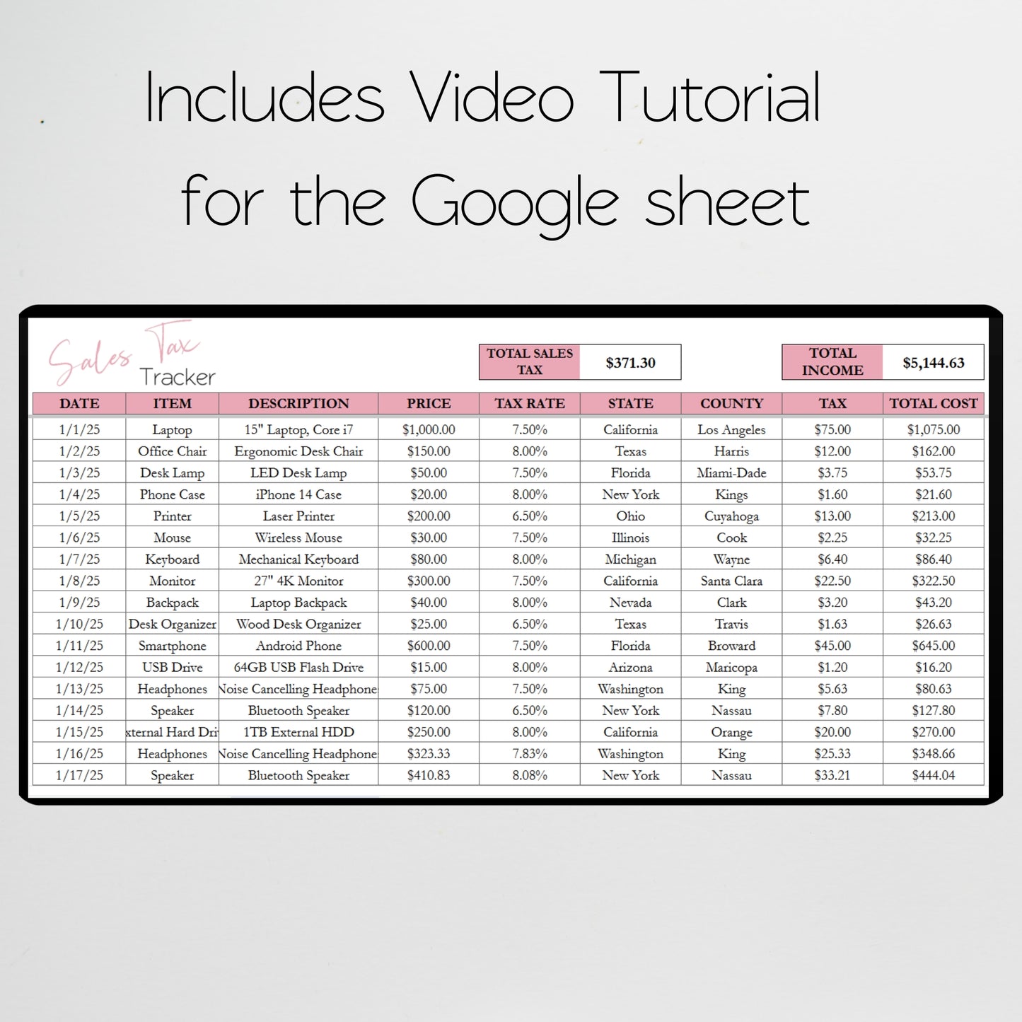 Sales Tax Tracker Excel Spreadsheet and Google Sheet