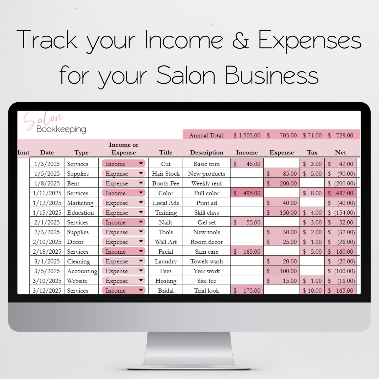 Salon Bookkeeping Template Spreadsheet Google Sheet