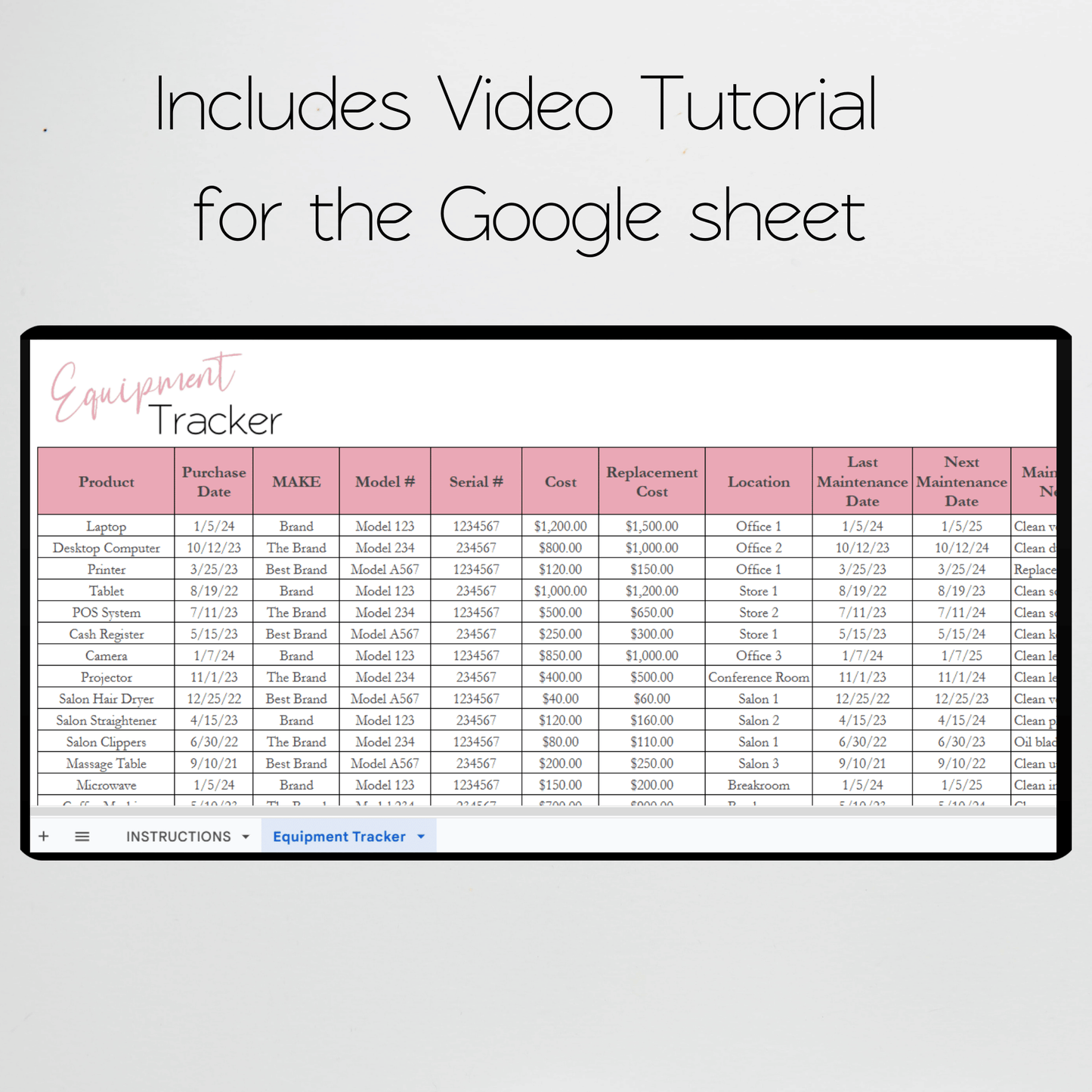 Equipment Tracker Google Sheet, Business or Rental Equipment Inventory Tracker Excel Spreadsheet