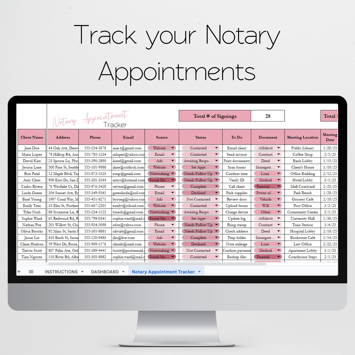 Notary Appointment Tracker Template for Google Sheets and Excel Spread ...