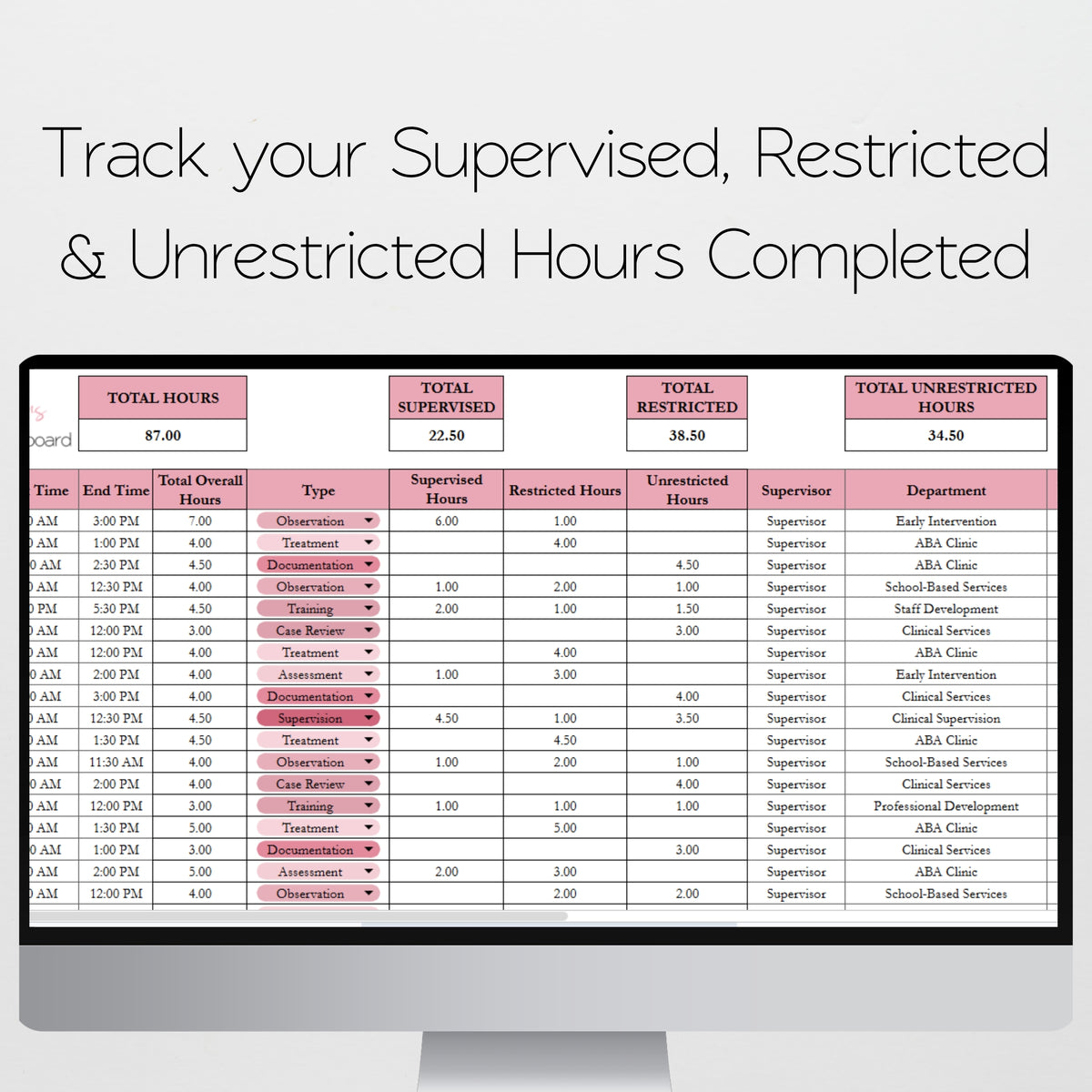 BCBA Fieldwork Hours Tracker Spreadsheet | BACB Supervised Fieldwork Log | BCaBA & RBT Hours Tracker | Google Sheets & Excel Spreadsheet Template