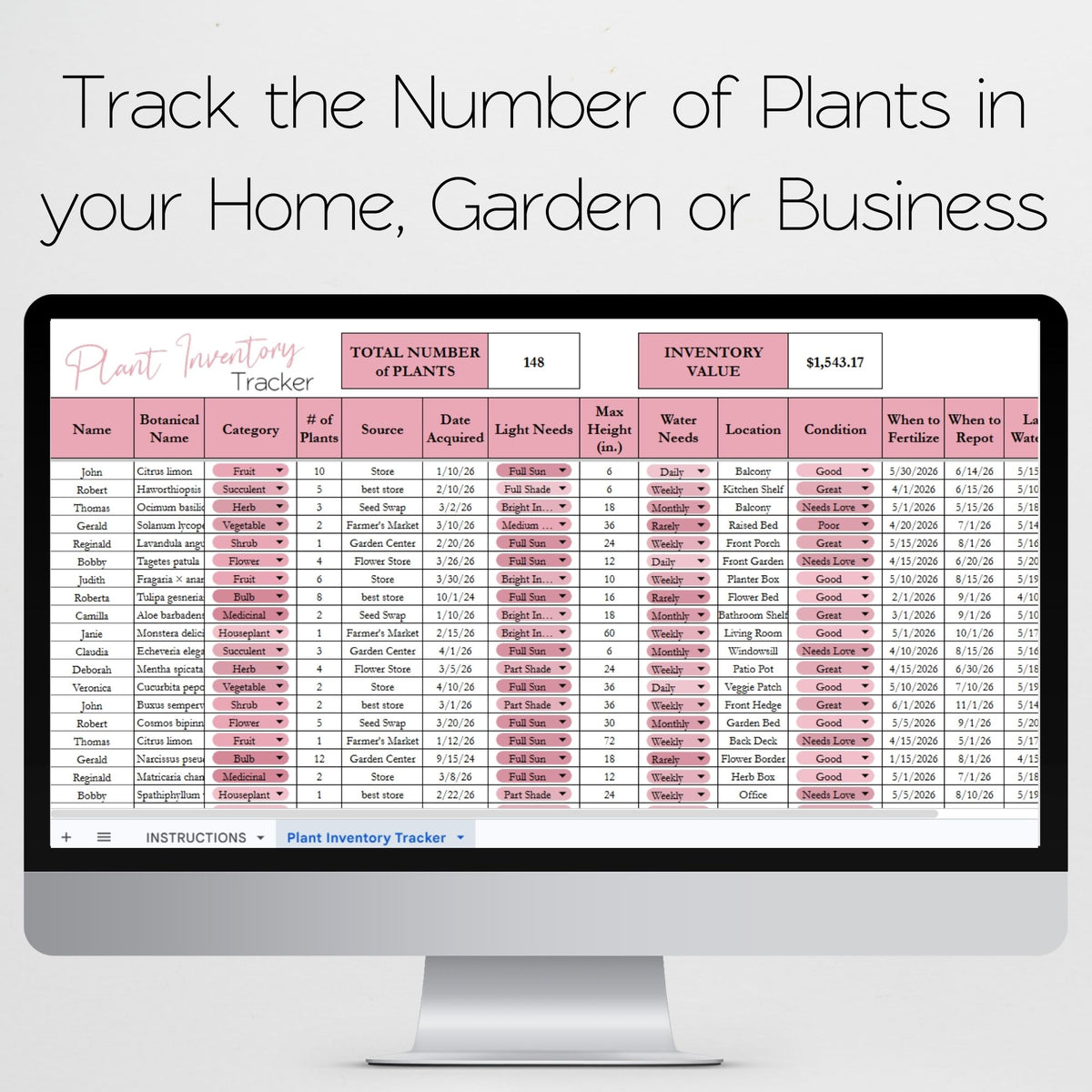 Plant Inventory Tracker Template for Google Sheets and Excel Spreadshe ...