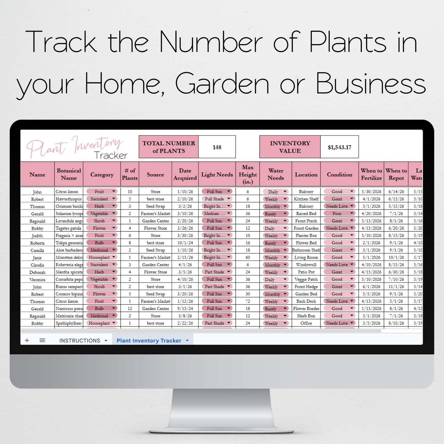 Plant Inventory Tracker Template for Google Sheets and Excel Spreadsheet