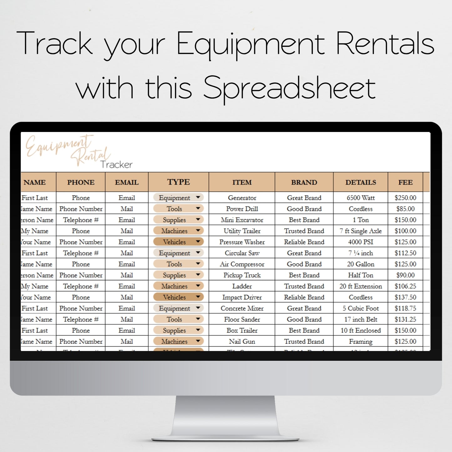 Equipment Rental Tracker Template Google Sheets and Excel Spreadsheet
