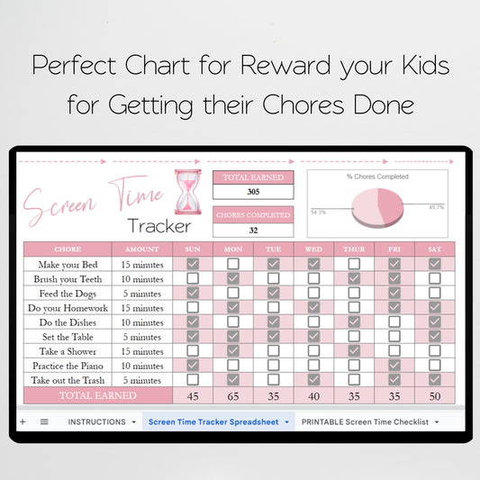 Screen Time Reward Chart Spreadsheet for Kids Template Excel and Google Sheets