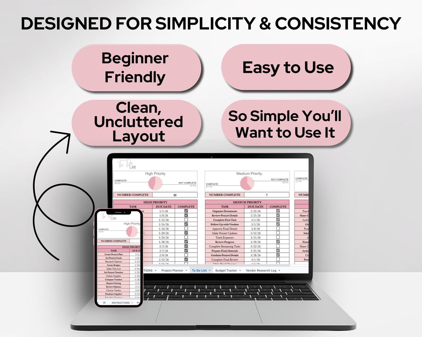 Project Tracker Template Spreadsheet | Project Management Planner for Tasks, Budget, Timeline & Vendor Tracking