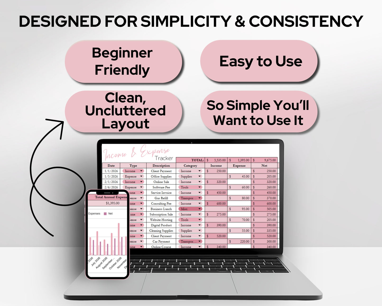 Income & Expense Tracker Spreadsheet Template - Google Sheets and Excel Bookkeeping Template | Monthly & Annual Financial Dashboard