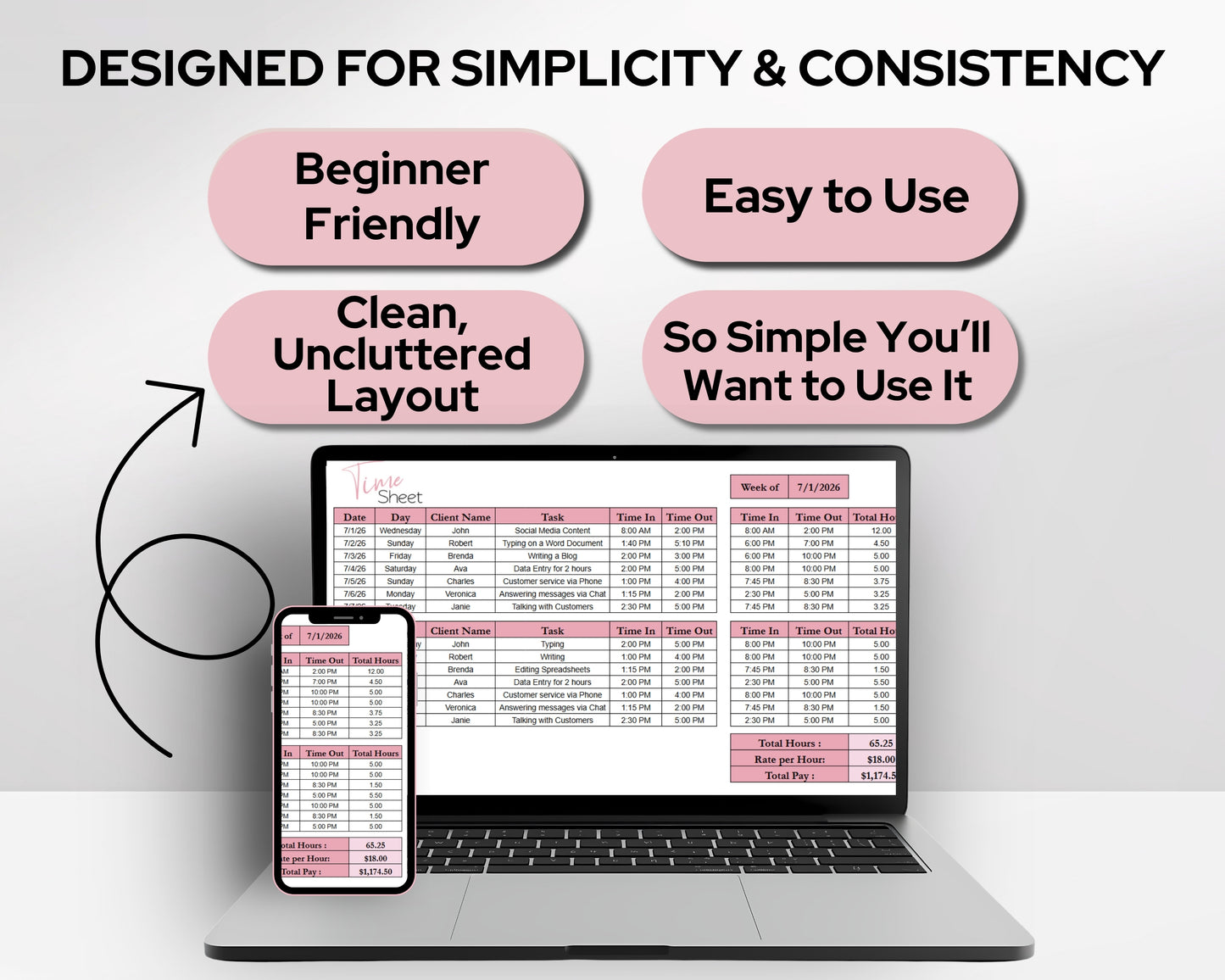Timesheet Calculator Spreadsheet Template Google Sheets and Excel | Employee Hours Tracker | Pay Calculator