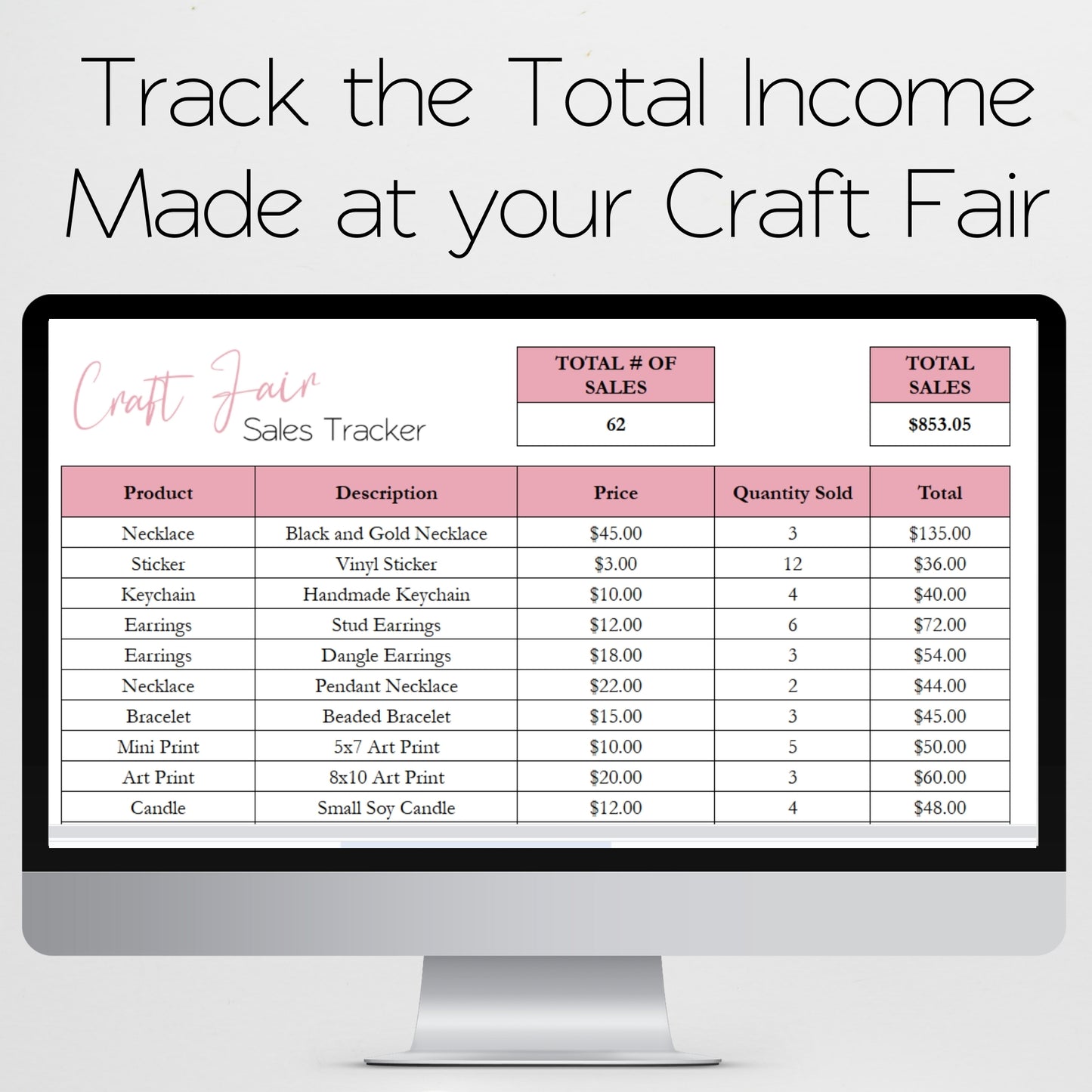 Craft Fair Sales Tracker Template Google Sheets and Excel Spreadsheet