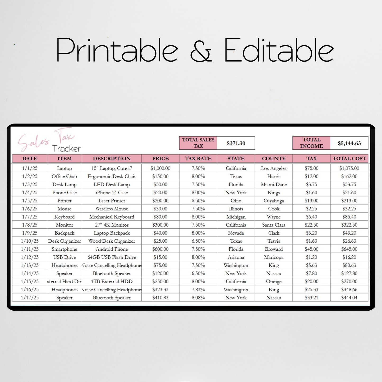 Sales Tax Tracker Excel Spreadsheet and Google Sheet