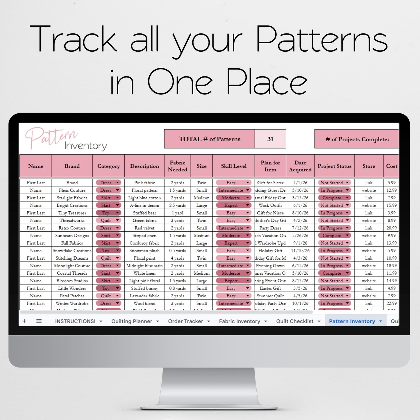 Quilt Planner Template Google Sheet and Excel Spreadsheet