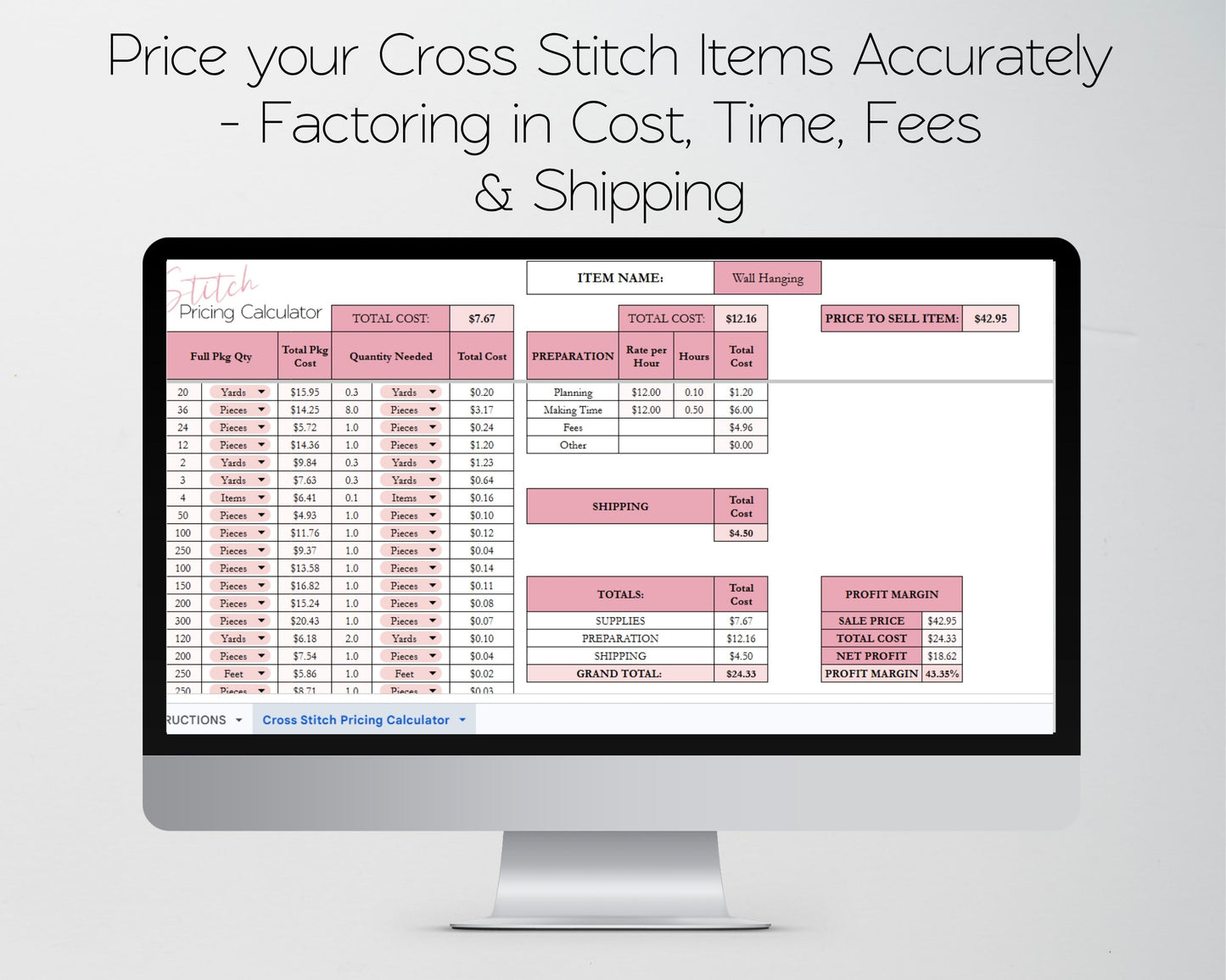 Cross Stitch Pricing Calculator Google Sheets and Excel | Handmade Cost Spreadsheet & Profit Margin Template