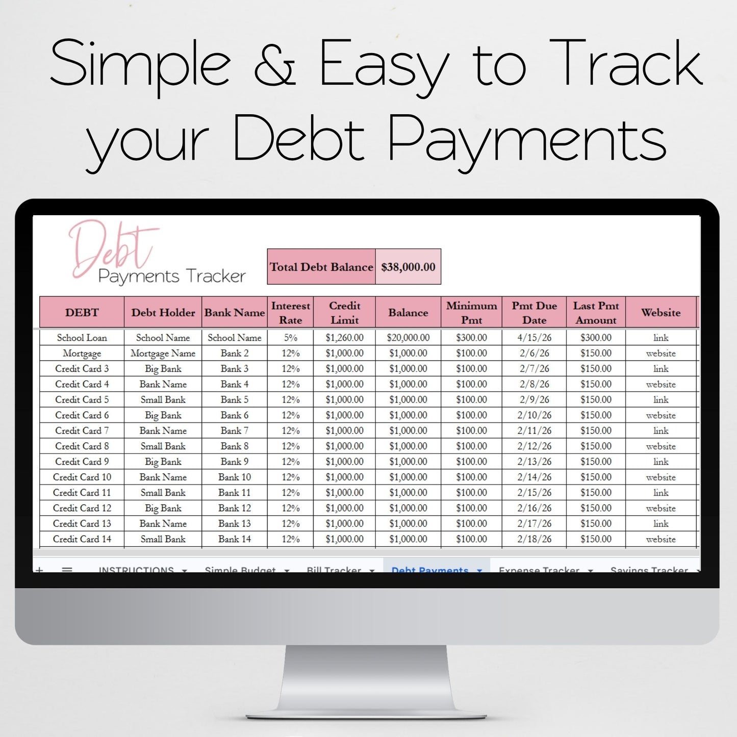 Simple Budget Template Google Sheets and Excel Spreadsheet Bundle with Budgeting Planner, Expense Tracker, Debt Tracker, Savings Tracker