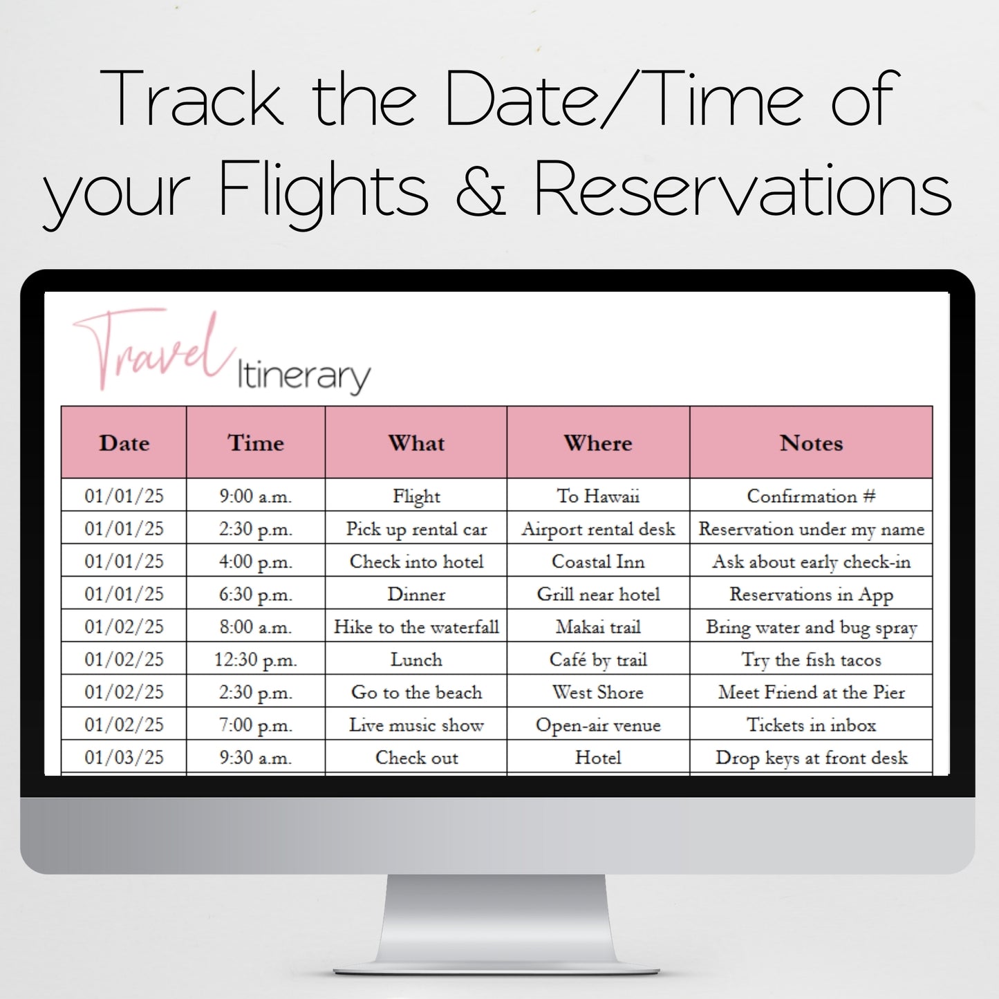 Travel Itinerary Template Google Sheets and Excel Spreadsheet