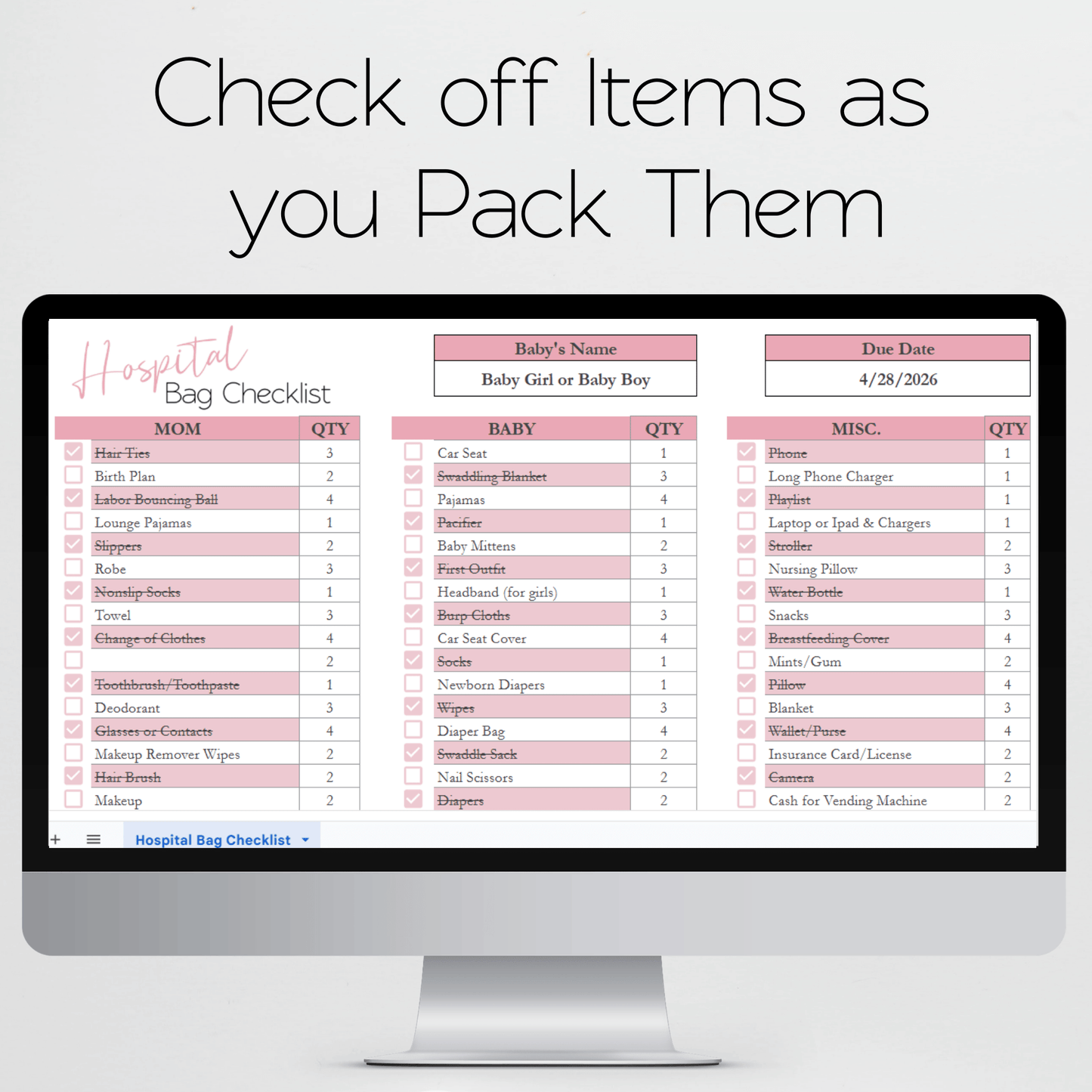 Hospital Bag Checklist Spreadsheet Template Google Sheets and Excel Spreadsheet