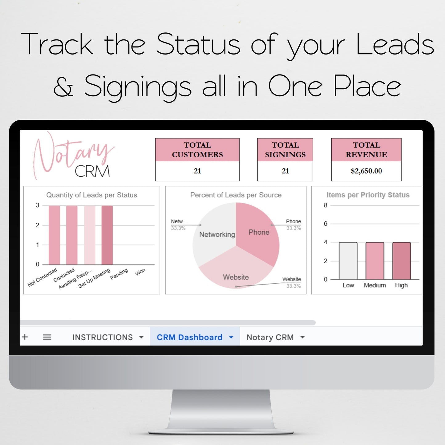 Notary CRM Template for Google Sheets and Excel Spreadsheet: Lead Tracker