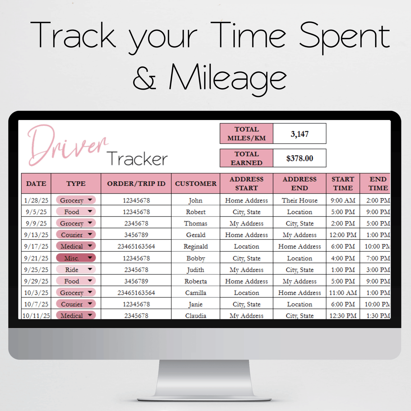 Gig Driver Log Template for Google Sheets and Excel Spreadsheet - Side Hustle Mileage Tracker, Income and Expense Tracker