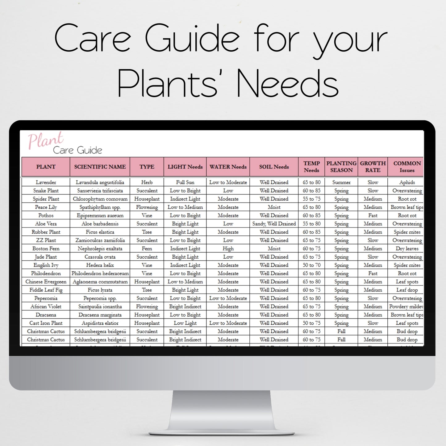 Indoor Plant Planner Template Excel Spreadsheet and Google Sheets
