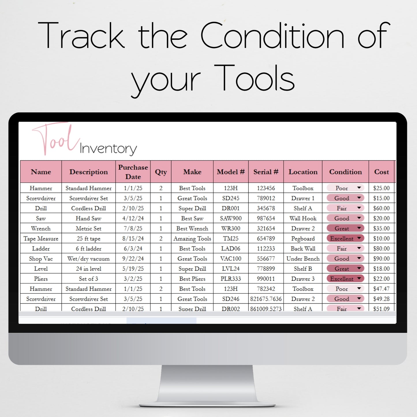 Tool Inventory Template for Google Sheets and Excel Spreadsheet