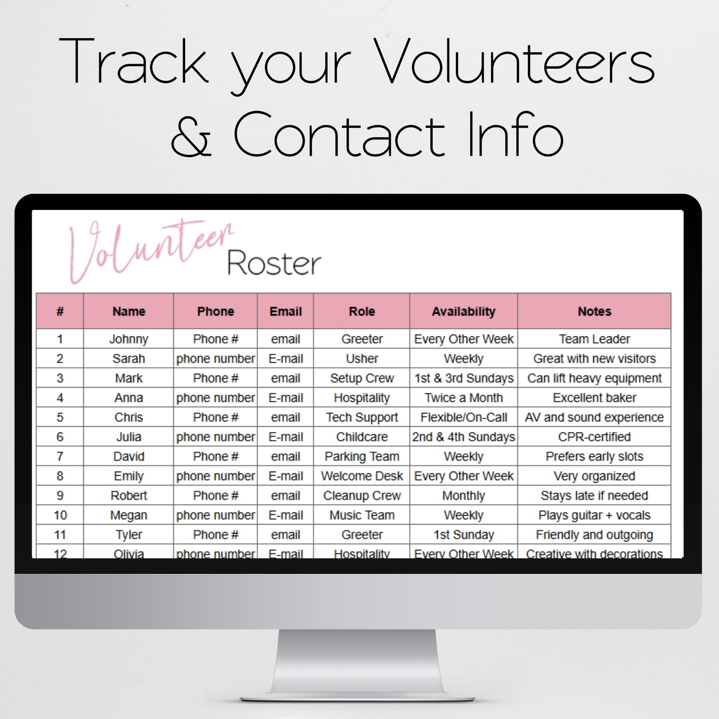 Volunteer Roster Template Google Sheets and Excel Spreadsheet