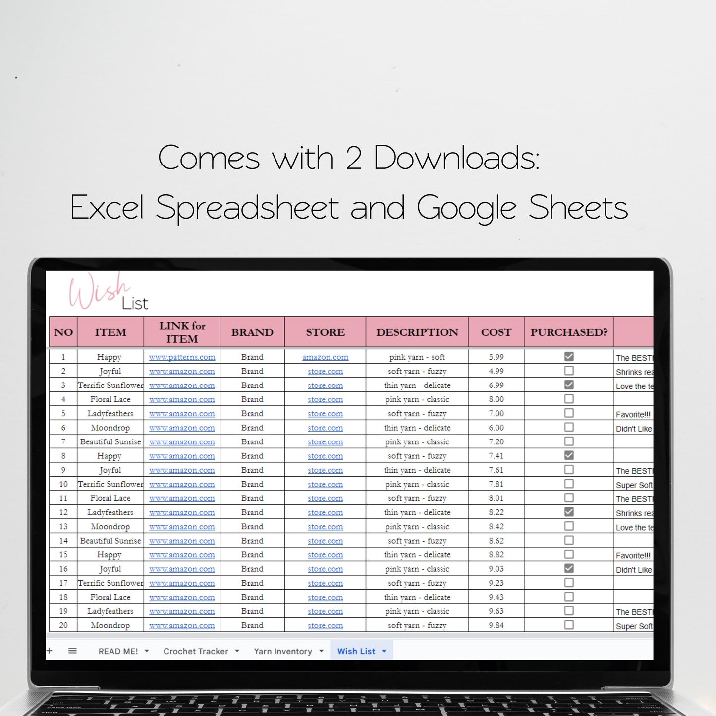 Knitting Planner Google Sheet and Excel Spreadsheets