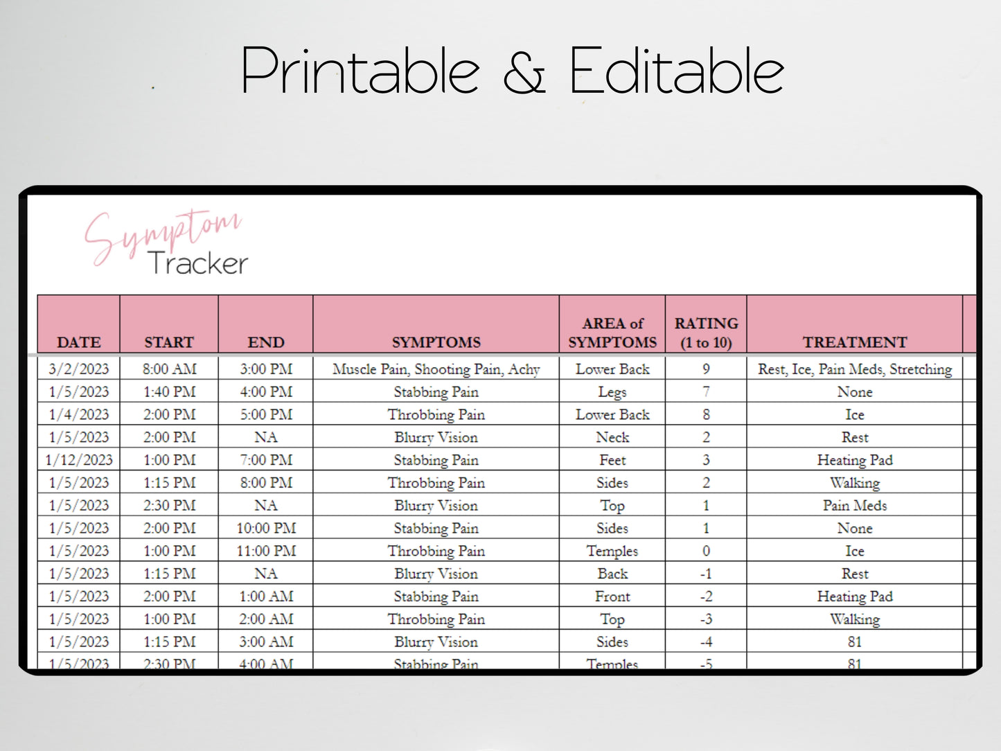 Symptom Tracker Template Google Sheets and Excel Spreadsheet