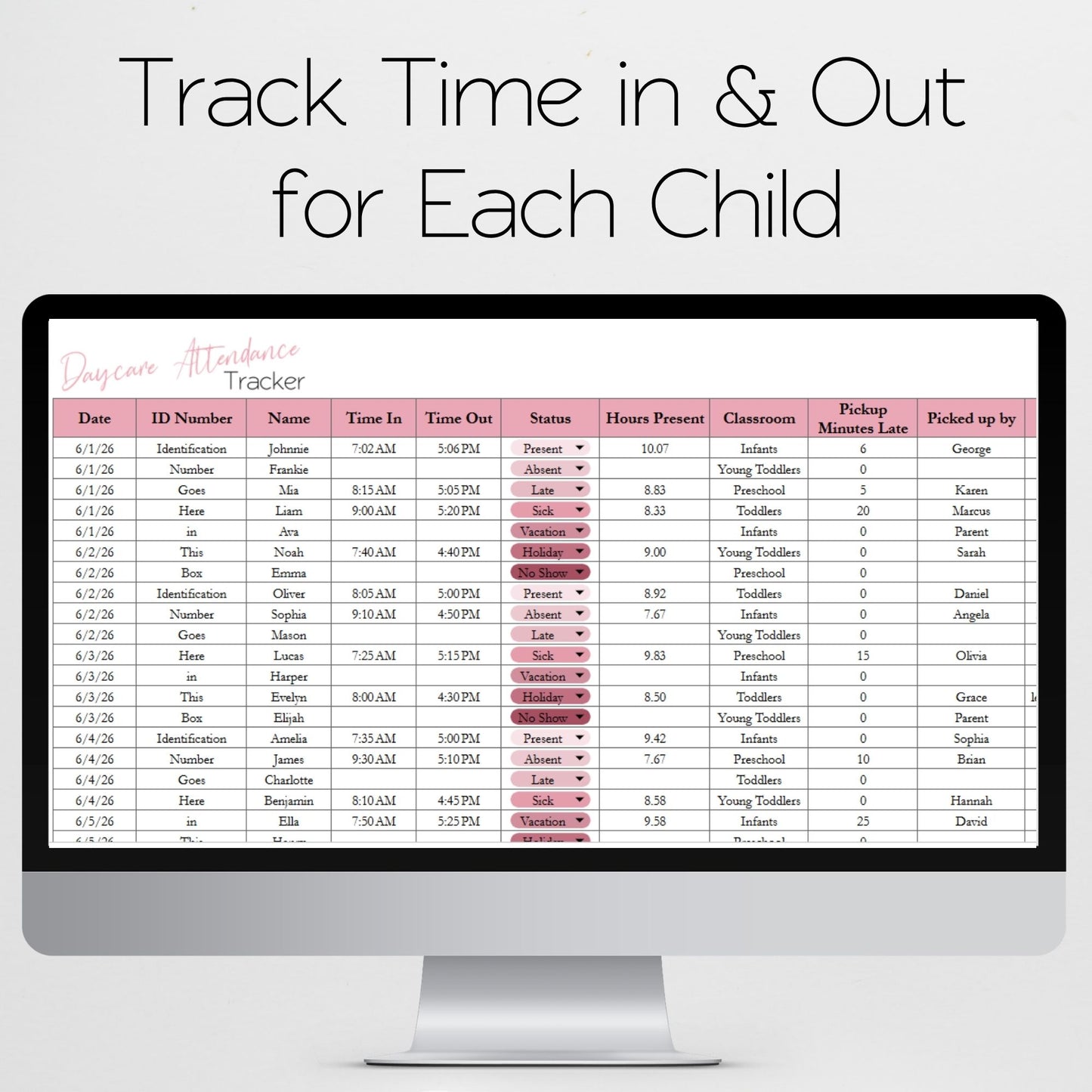 Daycare Attendance Tracker Template – Preschool & Home Childcare Log - Google Sheets and Excel Spreadsheet