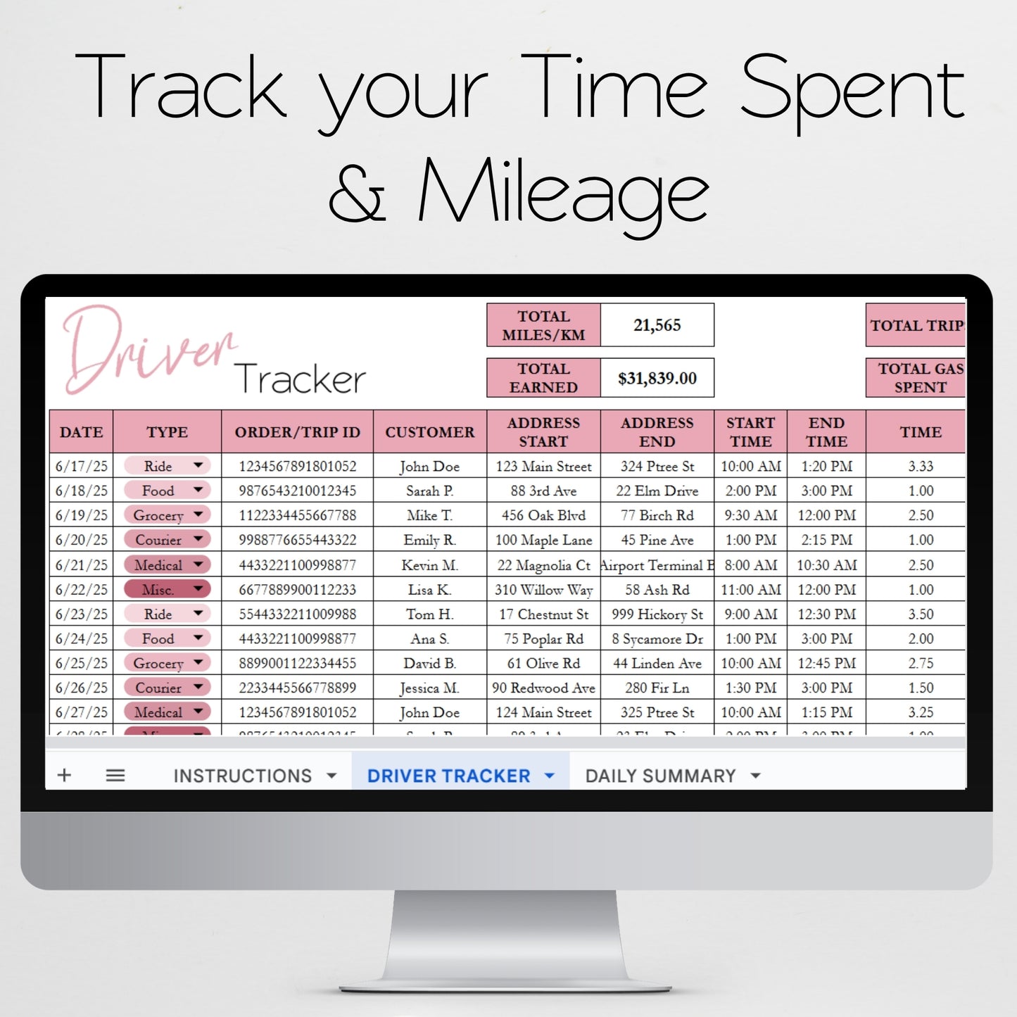 Gig Driver Log Template for Google Sheets and Excel Spreadsheet - Side Hustle Mileage Tracker, Income and Expense Tracker