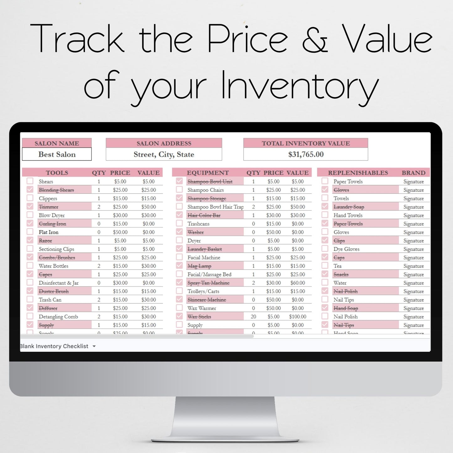 Salon Inventory Tracker Google Sheet and Excel Spreadsheet Template