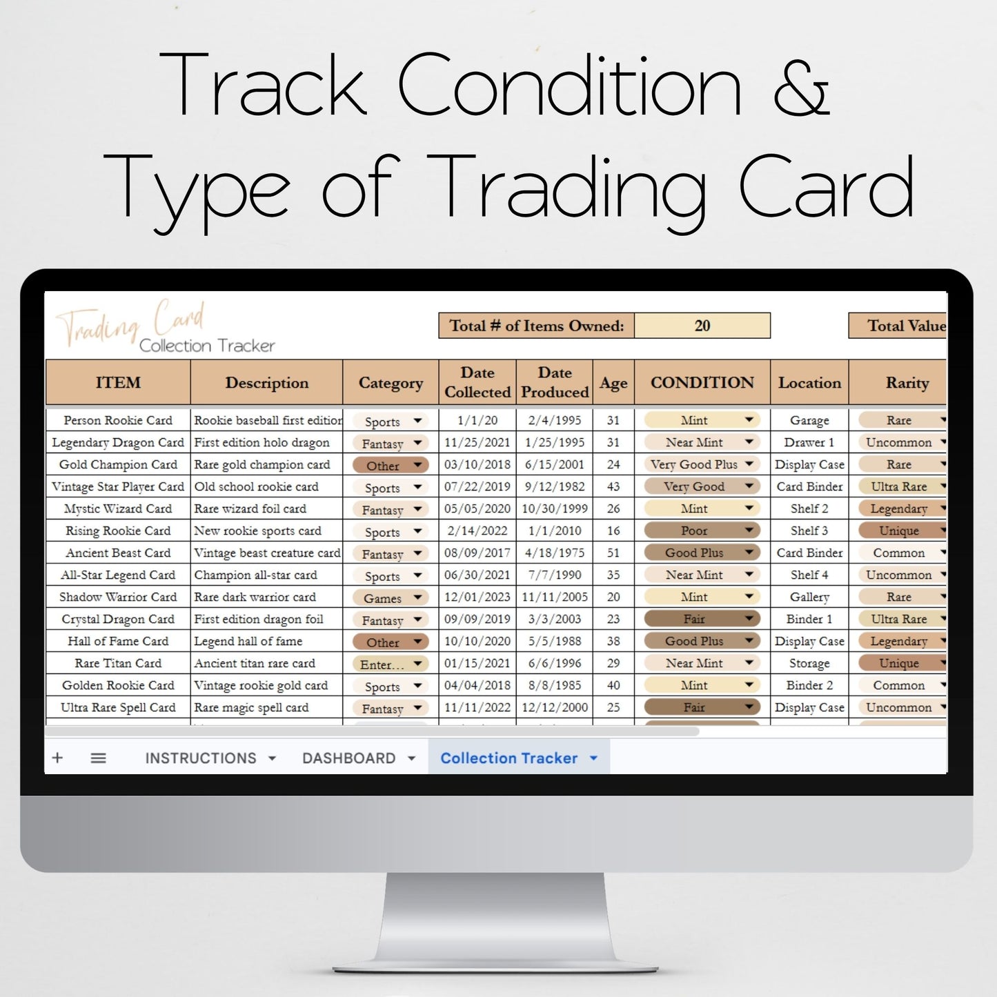 Trading Card Collection Tracker Spreadsheet Google Sheets and Excel