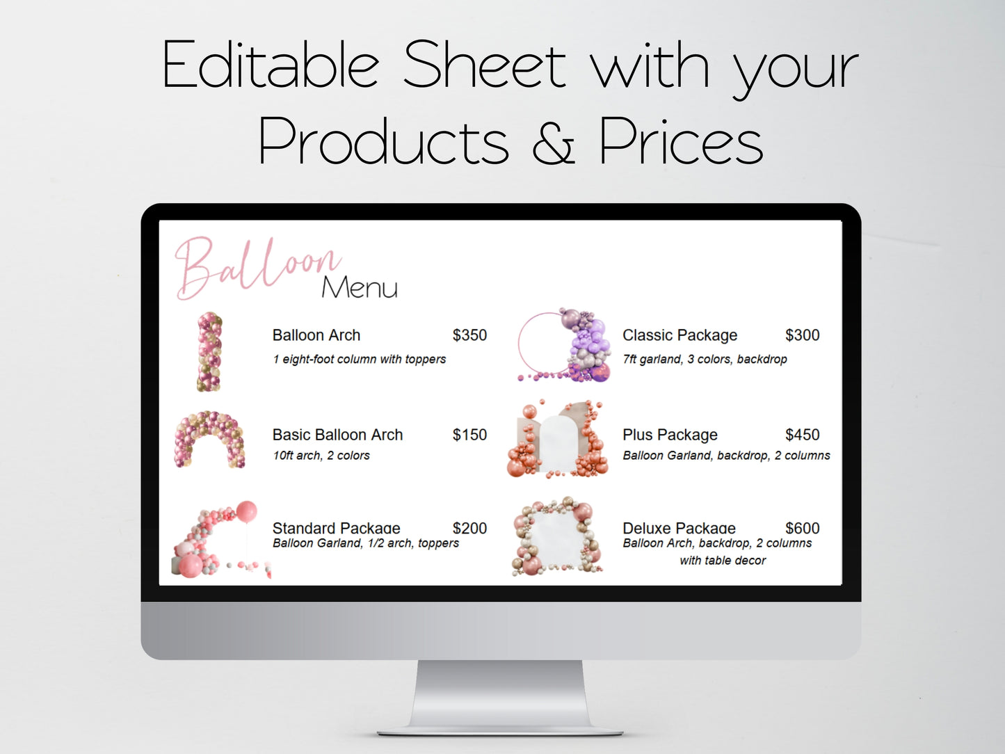 Balloon Menu Template - Google Sheets and Excel Spreadsheet