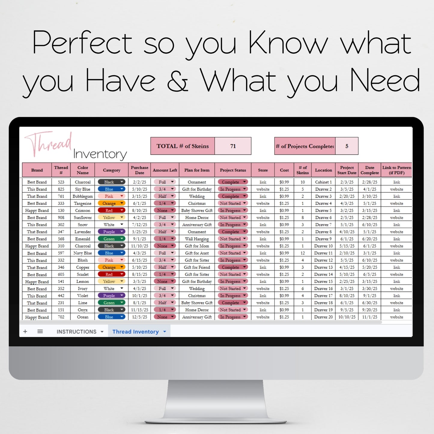 Thread Inventory Tracker Excel Spreadsheet and Google Sheets for Cross Stitch and Embroidery